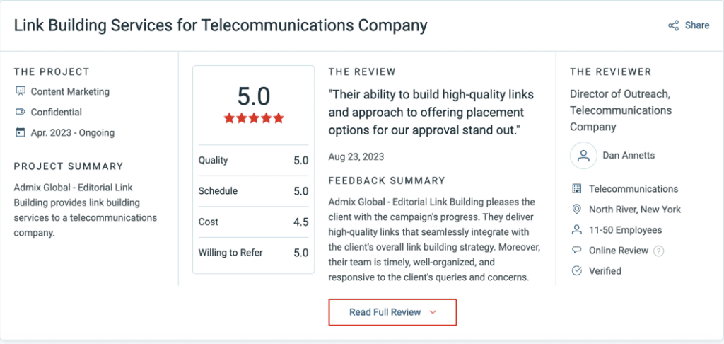 testemonial about Editorial.Link services