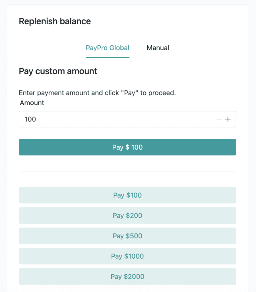 Payment methods on shared.domains